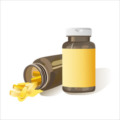 Dietary supplements, glass bottle with medicines, pills or capsules, Daily vitamins, Vitamin C, Omega 3. Gold. Vector illustration.