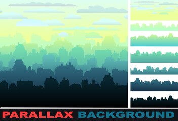 Downtown skyline. Set parallax effect. Horizontal seamless composition. Small city houses residential quarters. Cityscape with buildings. Housing silhouettes. Vector