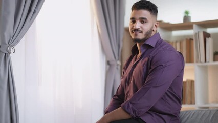 Coffee break. Energy drink. Morning motivation. Satisfied inspired man enjoying hot beverage at light home window with free space.