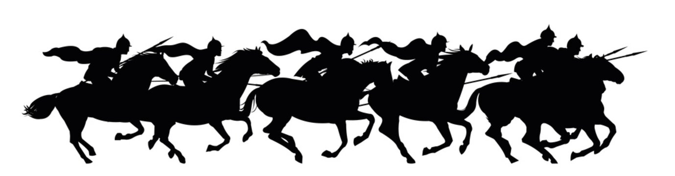 Knights are jumping. Scenery Black silhouette. Medieval warriors with spears and in armor ride horses. Object isolated on white background. Vector