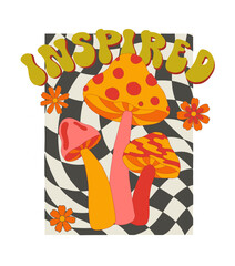 Hippie funky vibe style t-shirt print. Vintage 1960-1970. Mushroom ,rainbow, dice,chess background. Symbol retro print.