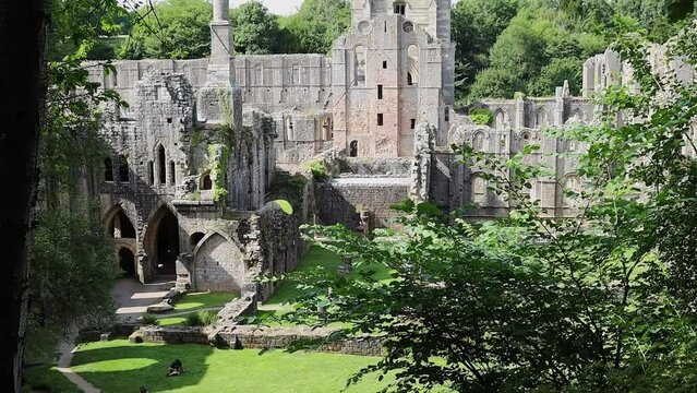 High view of the ruined Cistercian monastery, Fountains Abby in North Yorkshire UK