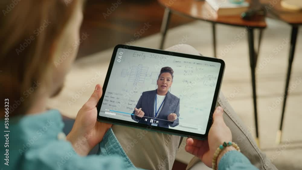 Aufkleber over shoulder woman using digital tablet computer show pov black teacher explains engineering scienc