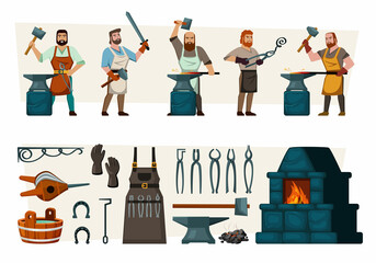 blacksmith. fairytale workers making steel armor and weapons. Vector professional character from blacksmith with crafted tools big hammer