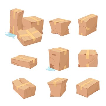 damaged box. delivery crushing poor quality cardboard paper containers. Vector concept set