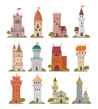 castle towers. fantasy old style historical building with big towers. Vector set in cartoon style