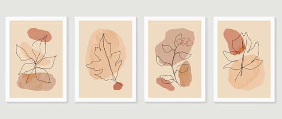 Set of abstract foliage wall art vector. Leaves, organic shapes, earth tone, leaf branch in line art style. Autumn watercolor wall decoration collection design for interior, poster, cover, banner.