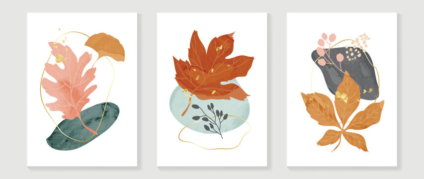 Set of luxury foliage wall art vector. Maple, ginkgo leaves, shapes, earth tone colors, leaf branch in watercolor. Autumn season wall decoration collection design for interior, poster, cover, banner.