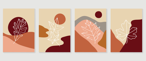 Set of abstract foliage wall art vector. Leaves, organic shapes, earth tone colors, leaf branch in line art style. Autumn season wall decoration collection design for interior, poster, cover, banner.