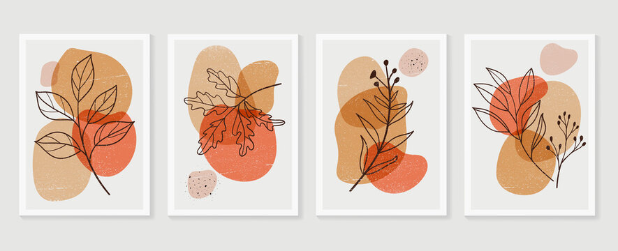 Set of abstract foliage wall art vector. Leaves, organic shapes, earth tone colors, leaf branch in line art style. Autumn season wall decoration collection design for interior, poster, cover, banner.