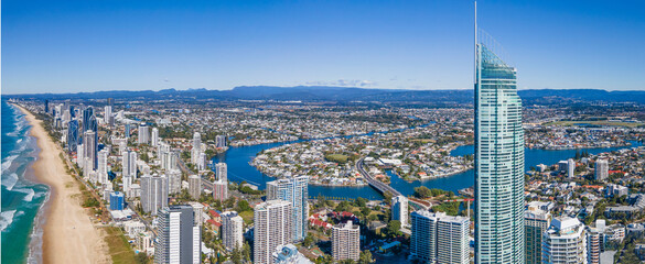 Panoramic aerial drone view of Surfers Paradise on the Gold Coast of Queensland, Australia on a sunny day 