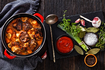 Beef Bourguignon, Beef Burgundy in pot, top view