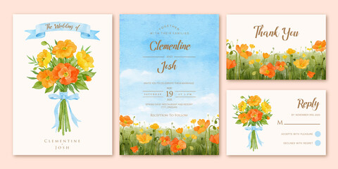 Watercolor red poppy flower bouquet landscape wedding invitation set template