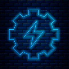 Glowing neon line Gear and lightning icon isolated on brick wall background. Electric power. Lightning bolt sign. Vector