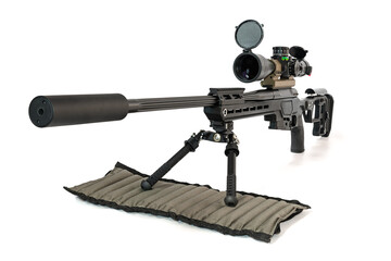 A sniper rifle with an optical sight under the bipod mat