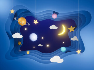 Space background stars and planets. Space of the galaxy and the universe with blue waves, cartoon paper cut 3D illustration.