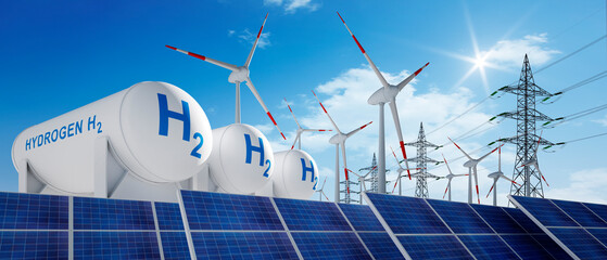 Wind turbines, solar panels and hydrogen gas tanks - 3D illustration of renewable power concept - 518069574