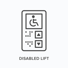 Disabled lift flat line icon. Vector outline illustration of wheelchair. Black thin linear pictogram for elevator panel
