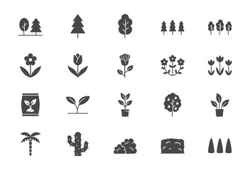 Plants flat black color icons. Vector illustration include icon - green fence, wood, houseplant, thuja, seedling, wildflower, cactus glyph silhouette pictogram for garden tree and bushes