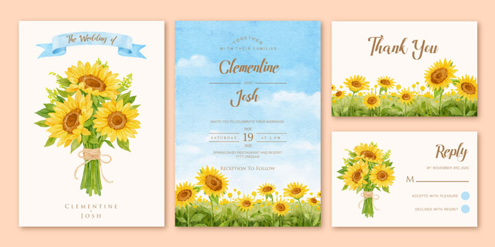 Watercolor sun flower bouquet landscape wedding invitation set template