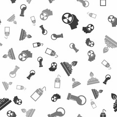 Set Human head and a radiation, Test tube and flask chemical, Alcohol or spirit burner and Laboratory wash bottle on seamless pattern. Vector
