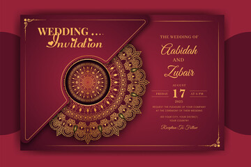 Luxury Mandala Wedding Invitation Card template with golden arabesque pattern Arabic Islamic east background style. Editable vector file. Decorative mandala for print, poster, cover, flyer, banner