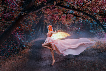Portrait fantasy woman fairy, golden glowing butterfly wings. Pink dress silk train skirt waving...