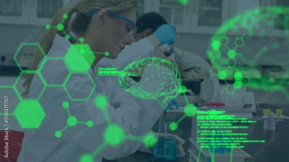 Poster animation of science data processing over three caucasian scientists in laboratory