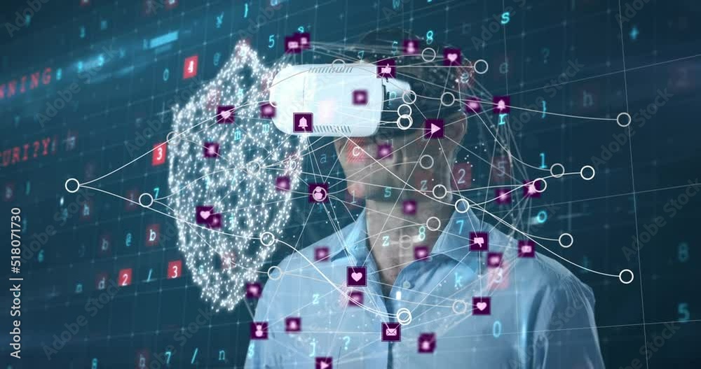 Canvas Prints Animation of connections over caucasian man in vr headset and digital padlock