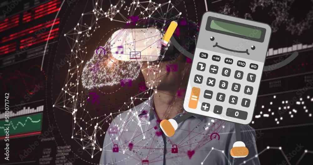 Wall mural Animation of connections, data and calculator over caucasian man in vr headset