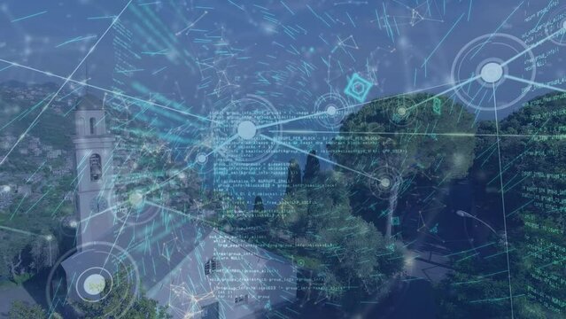 Animation of network of connections over landscape and cityscape