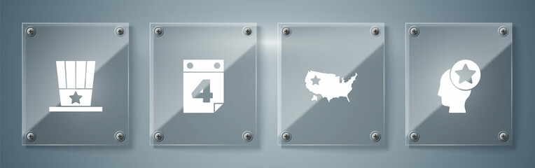 Set USA Head, map, Calendar with date July 4 and Patriotic American top hat. Square glass panels. Vector