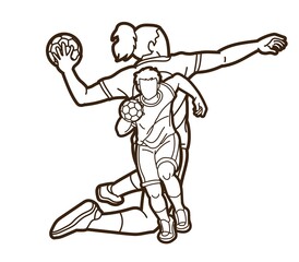 Group of Handball Players Male and Female Mix Action Cartoon Sport Graphic Vector