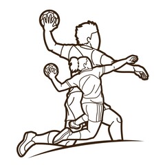 Group of Handball Players Male and Female Mix Action Cartoon Sport Graphic Vector