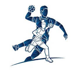 Group of Handball Players Male and Female Mix Action Cartoon Sport Graphic Vector