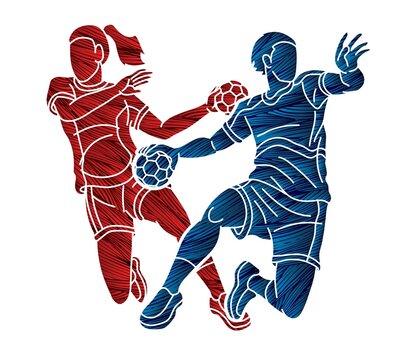 Group of Handball Players Male and Female Mix Action Cartoon Sport Graphic Vector