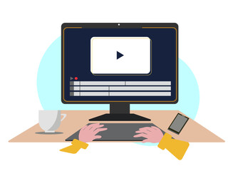 ビデオクリエイター パソコン デスク 動画編集 作業 手 ベクターイラスト