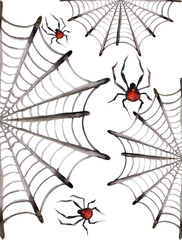 Watercolor seamless pattern with spider and web. Scary spiderweb Halloween illustration on white background