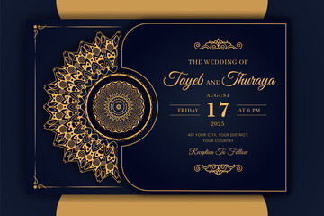 Luxury Mandala Wedding Invitation Card template with golden arabesque pattern Arabic Islamic east background style. Editable vector file. Decorative mandala for print, poster, cover, flyer, banner