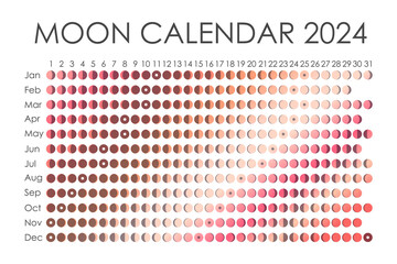 2024 Moon calendar. Astrological calendar design. planner. Place for stickers. Month cycle planner mockup. Isolated black and white background
