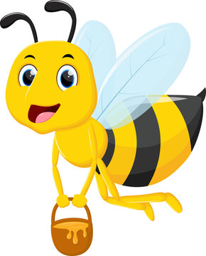 flying cute Bee cartoon carrying honey bucket