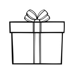 Square gift box with festive ribbon, vector monochrome illustration