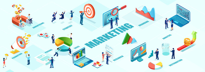 Marketing and management concept. Isometric vector of business people working as a team to promote sales and revenue
