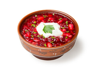 
Traditional Ukrainian borscht with beetroot beans meat and vegetables in a ceramic bowl isolated on white background
- 518073744