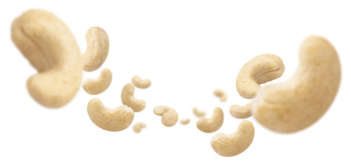 Flying cashew nuts, isolated on white background