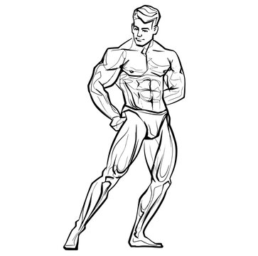recommend clip art: Bodybuilder muscle man fitness posing Black And White Isolated Hand Drawing Vector Illustration Image