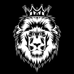 Lion head in the crown logo silhouette. Hipster animal emblem for t shirt design. Black vintage tattoo. Mascot king big cat for sport game team. On the dark background. Vector illustration.