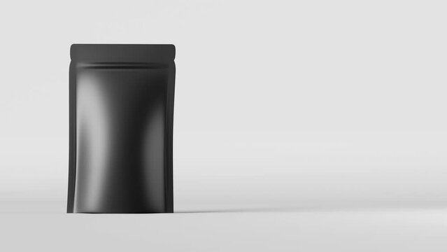 Black pouch bags mockup branding white background 3D animation. Merchandise packaging design. Blank foil coffee beans doy pack. Tea food snack sachet product template. Shop delivery sale demonstration