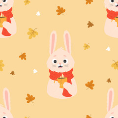 Autumn seamless pattern with funny rabbit in knitted scarf with cup of hot tea on light beige background with autumn leaves. Vector illustration. Cute baby collection, for design, decor, packaging .