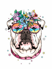 Cute cartoon english bulldog in a floral wreath and sunglasses. Beautiful  animal with flowers. Stylish summer image for printing on any surface
